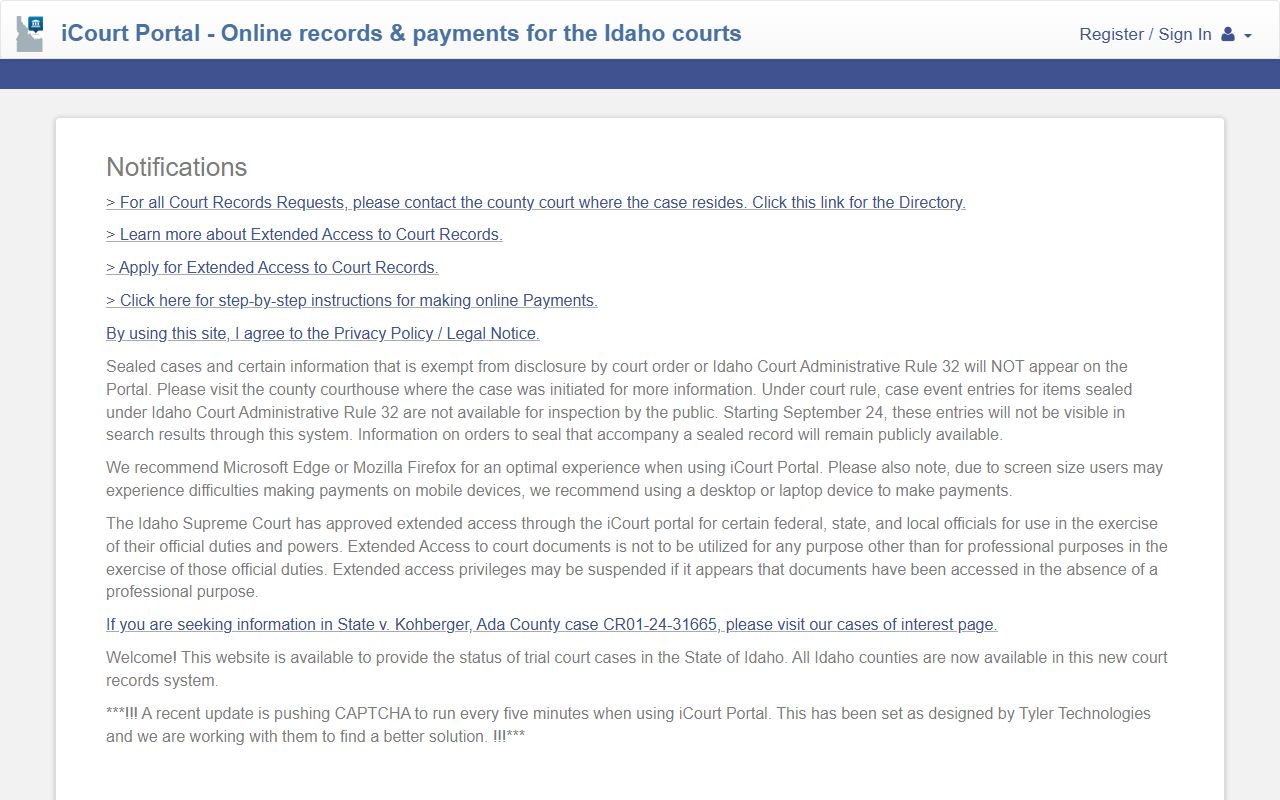 Idaho iCourt Odyssey public portal for Fremont County court records after an arrest